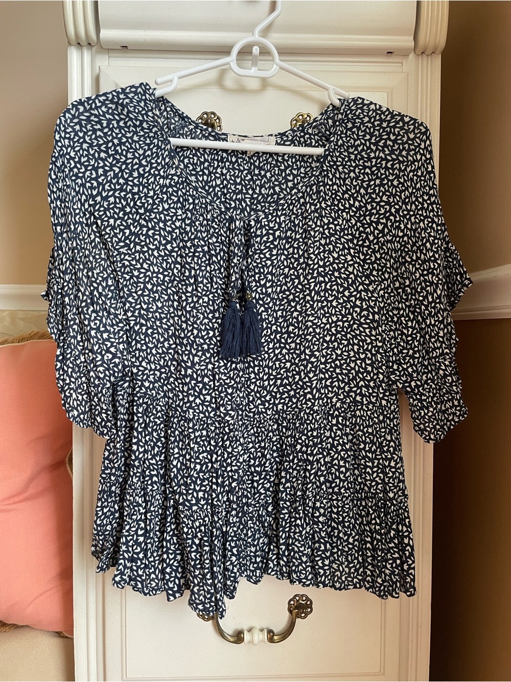 Navy Floral Print Peasant Blouse Flowy Tunic with Tassel Tie
